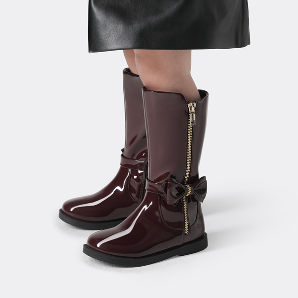 Bowknot Side Zipper Kids Riding Boots - RED WINE PAT - 1